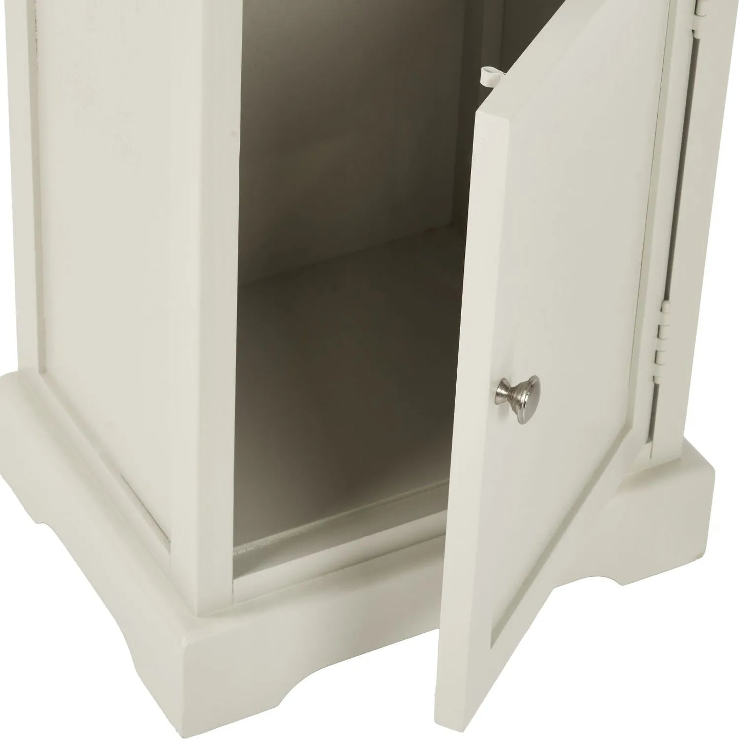 Warm Ivory Pine Wood 1 Door 3 Shelf Display Storage Unit with Silver Door Knob close-up from above showing open cupboard interior, silver knob and bottom plinth 153x38x30cm | Click Style