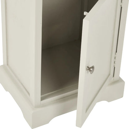Warm Ivory Pine Wood 1 Door 3 Shelf Display Storage Unit with Silver Door Knob close-up from above showing open cupboard interior, silver knob and bottom plinth 153x38x30cm | Click Style