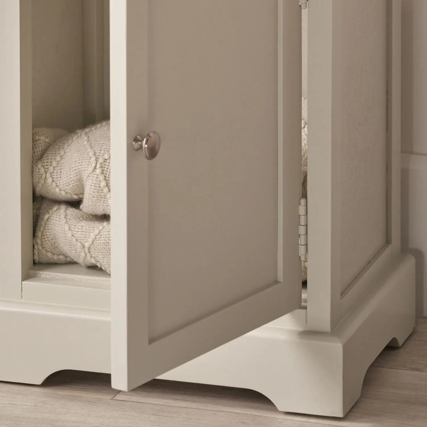 Warm Ivory Pine Wood 1 Door 3 Shelf Display Storage Unit with Silver Door Knob close-up of open cupboard with creamy throw, silver knob and plinth 153x38x30cm | Click Style