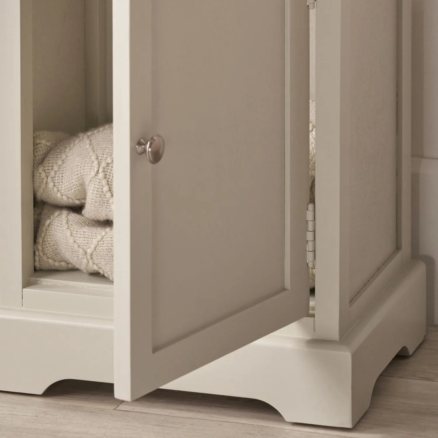 Warm Ivory Pine Wood 1 Door 3 Shelf Display Storage Unit with Silver Door Knob close-up of open cupboard with creamy throw, silver knob and plinth 153x38x30cm | Click Style