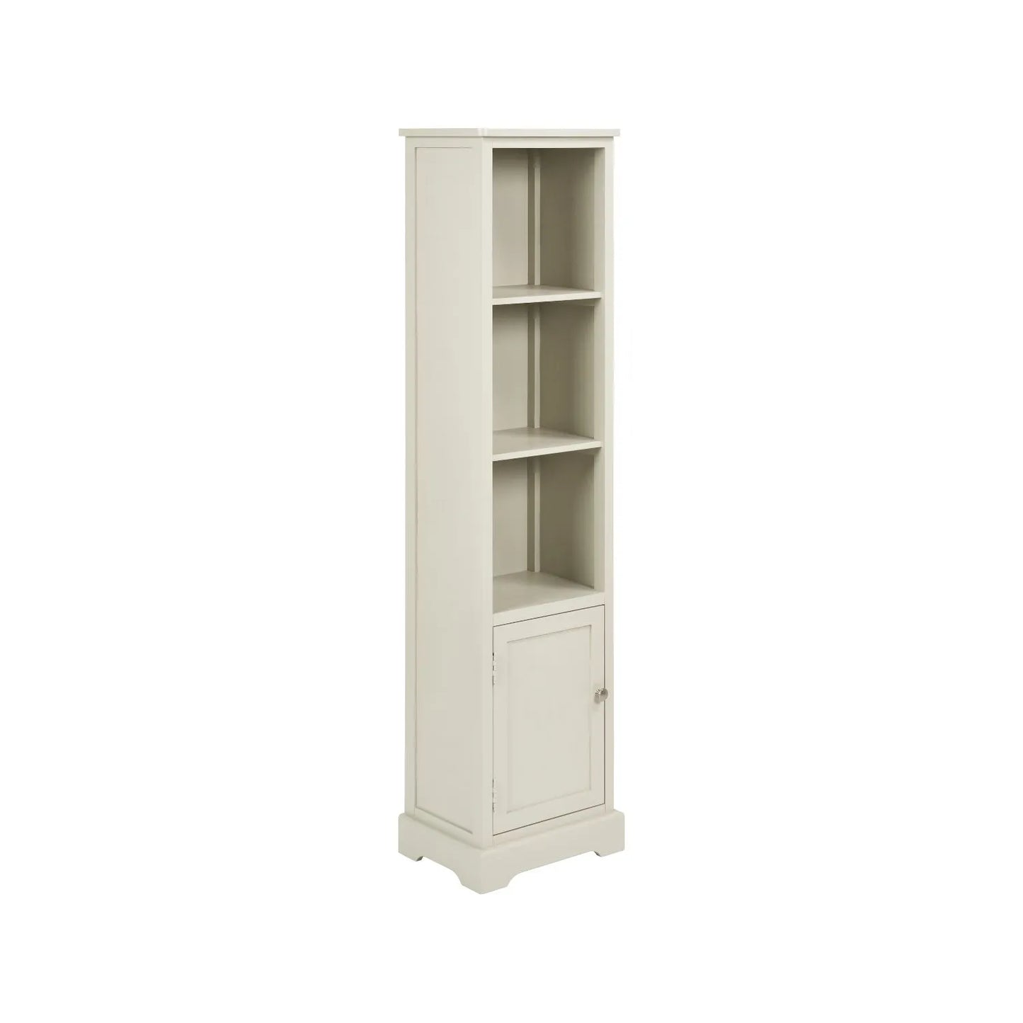 Warm Ivory Pine Wood 1 Door 3 Shelf Display Storage Unit with Silver Door Knob angled right side view with cupboard closed 153x38x30cm | Click Style
