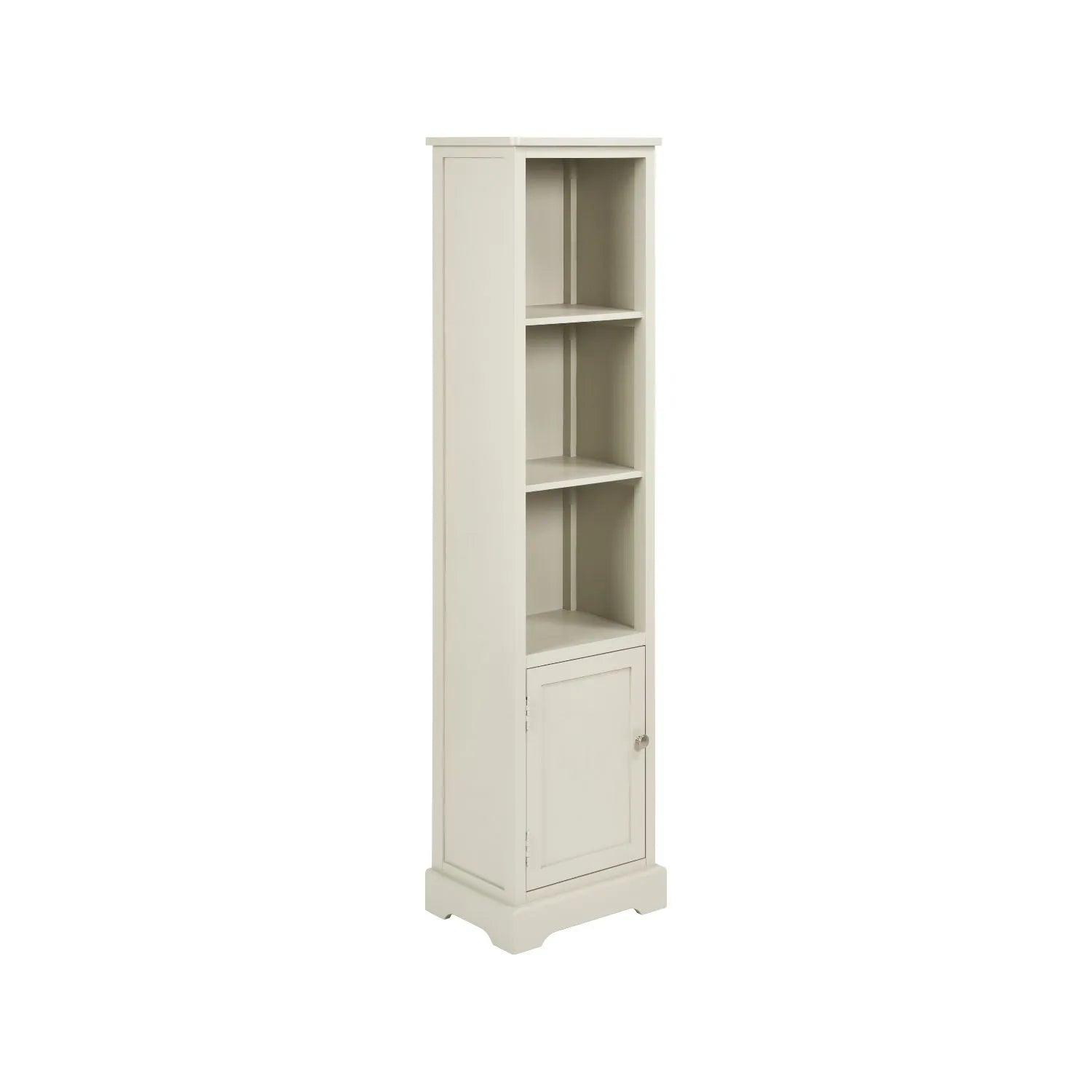 Warm Ivory Pine Wood 1 Door 3 Shelf Display Storage Unit with Silver Door Knob angled right side view with cupboard closed 153x38x30cm | Click Style