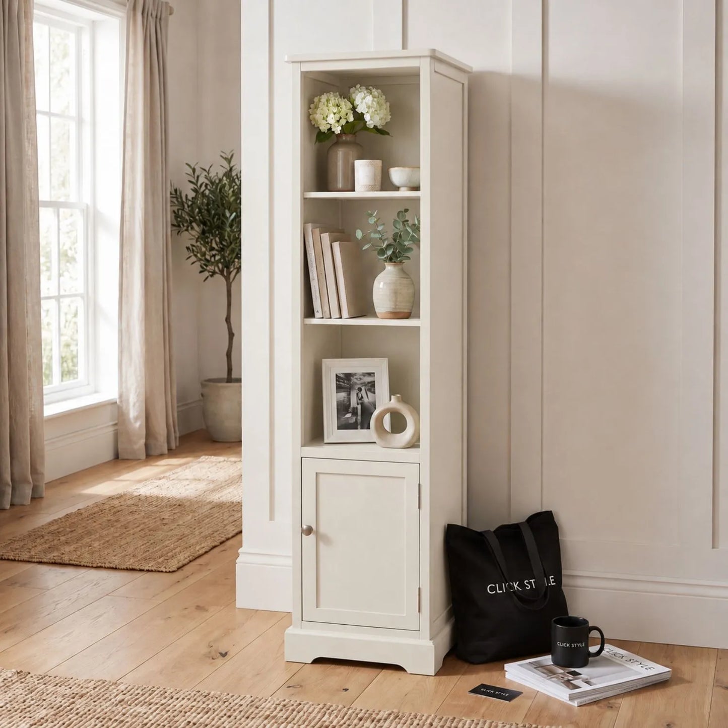 Warm Ivory Pine Wood 1 Door 3 Shelf Display Storage Unit styled with neutral home accessories and CLICK STYLE tote bag 153x38x30cm | Click Style