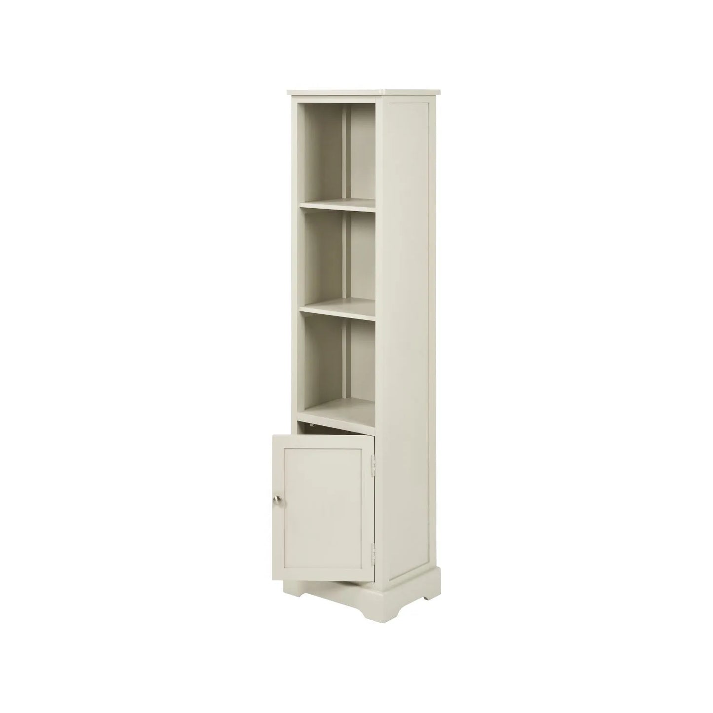 Warm Ivory Pine Wood 1 Door 3 Shelf Display Storage Unit with Silver Door Knob angled front and side view with cupboard open 153x38x30cm | Click Style