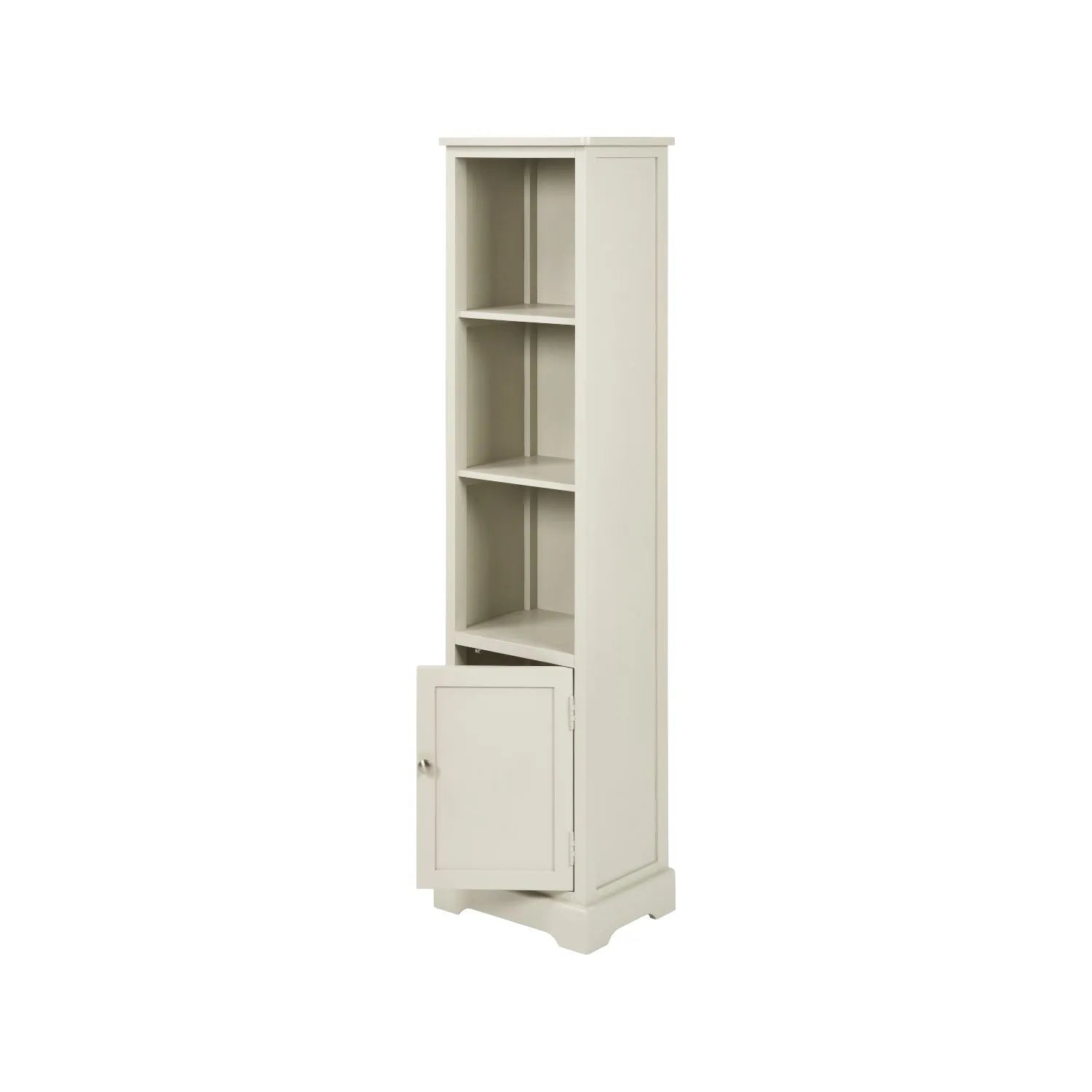 Warm Ivory Pine Wood 1 Door 3 Shelf Display Storage Unit with Silver Door Knob angled front and side view with cupboard open 153x38x30cm | Click Style