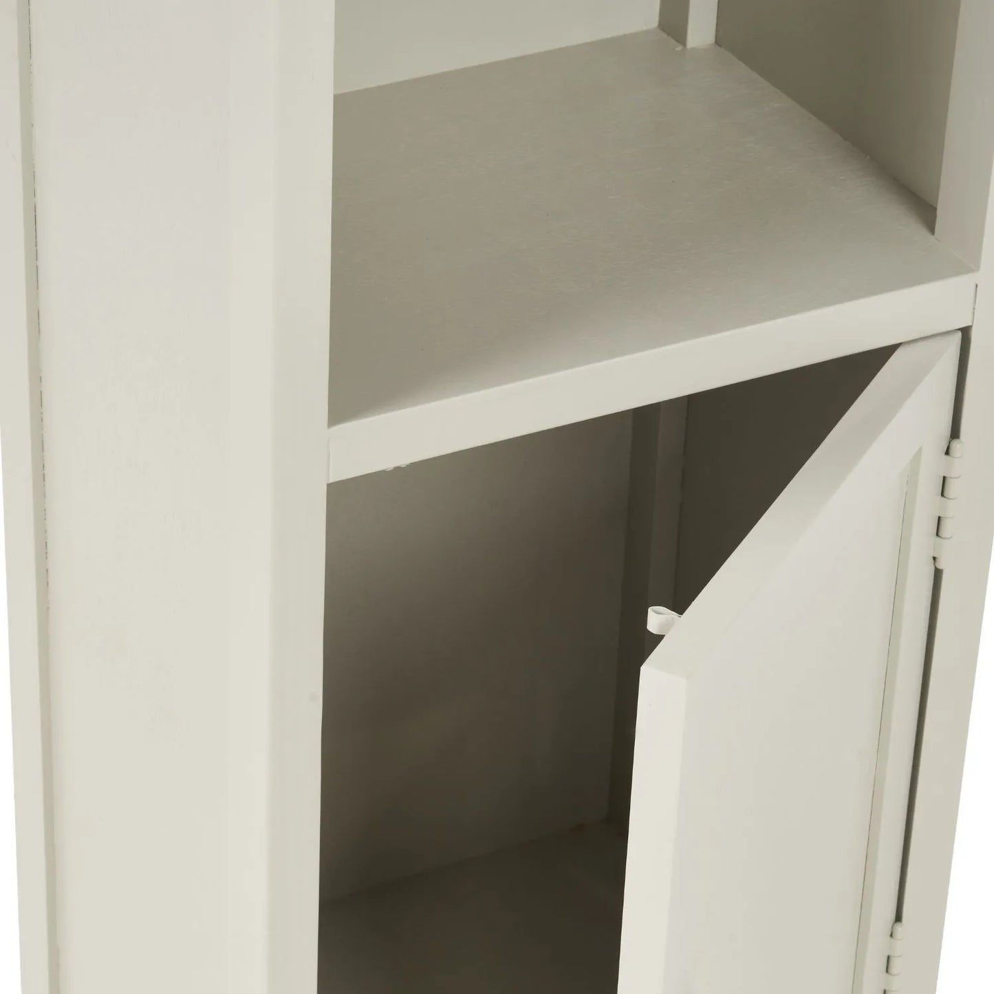 Warm Ivory Pine Wood 1 Door 3 Shelf Display Storage Unit with Silver Door Knob close-up of lower niche and open cupboard interior 153x38x30cm | Click Style