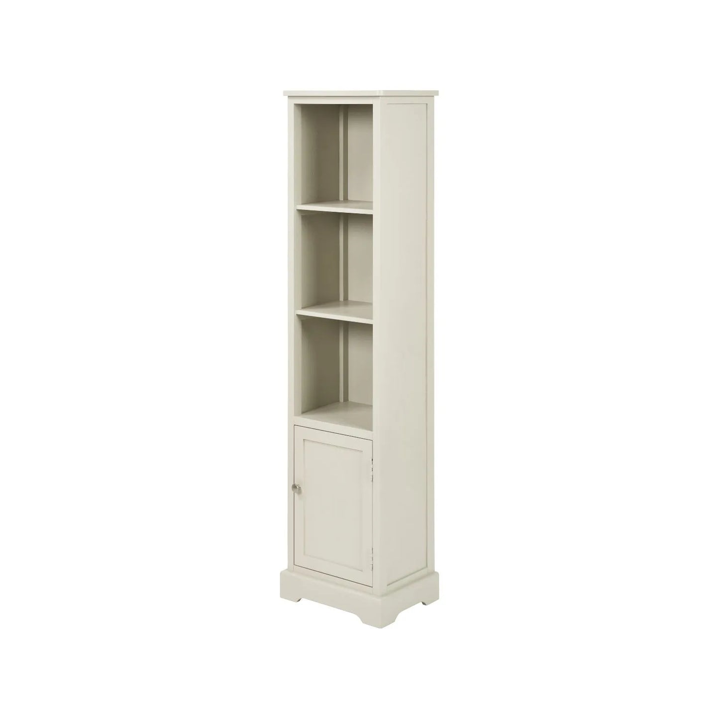 Warm Ivory Pine Wood 1 Door 3 Shelf Display Storage Unit with Silver Door Knob angled front and side view 153x38x30cm | Click Style