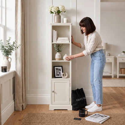 Warm Ivory Pine Wood 1 Door 3 Shelf Display Storage Unit styled in a modern country home with woman arranging shelf décor 153x38x30cm | Click Style