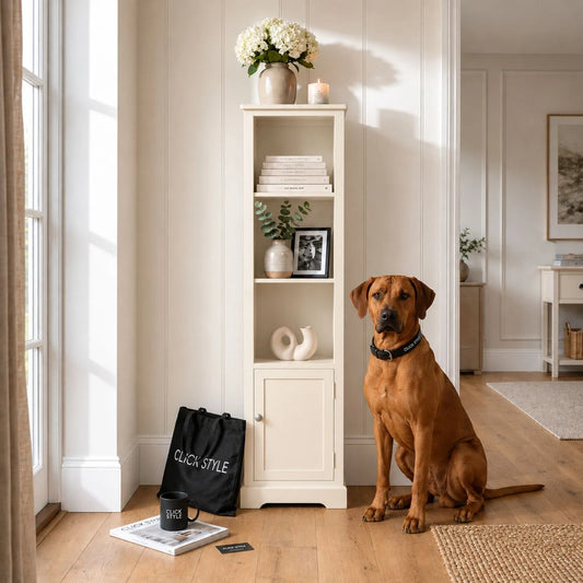 Warm Ivory Pine Wood 1 Door 3 Shelf Display Storage Unit styled in a modern country home with Rhodesian Ridgeback dog 153x38x30cm | Click Style