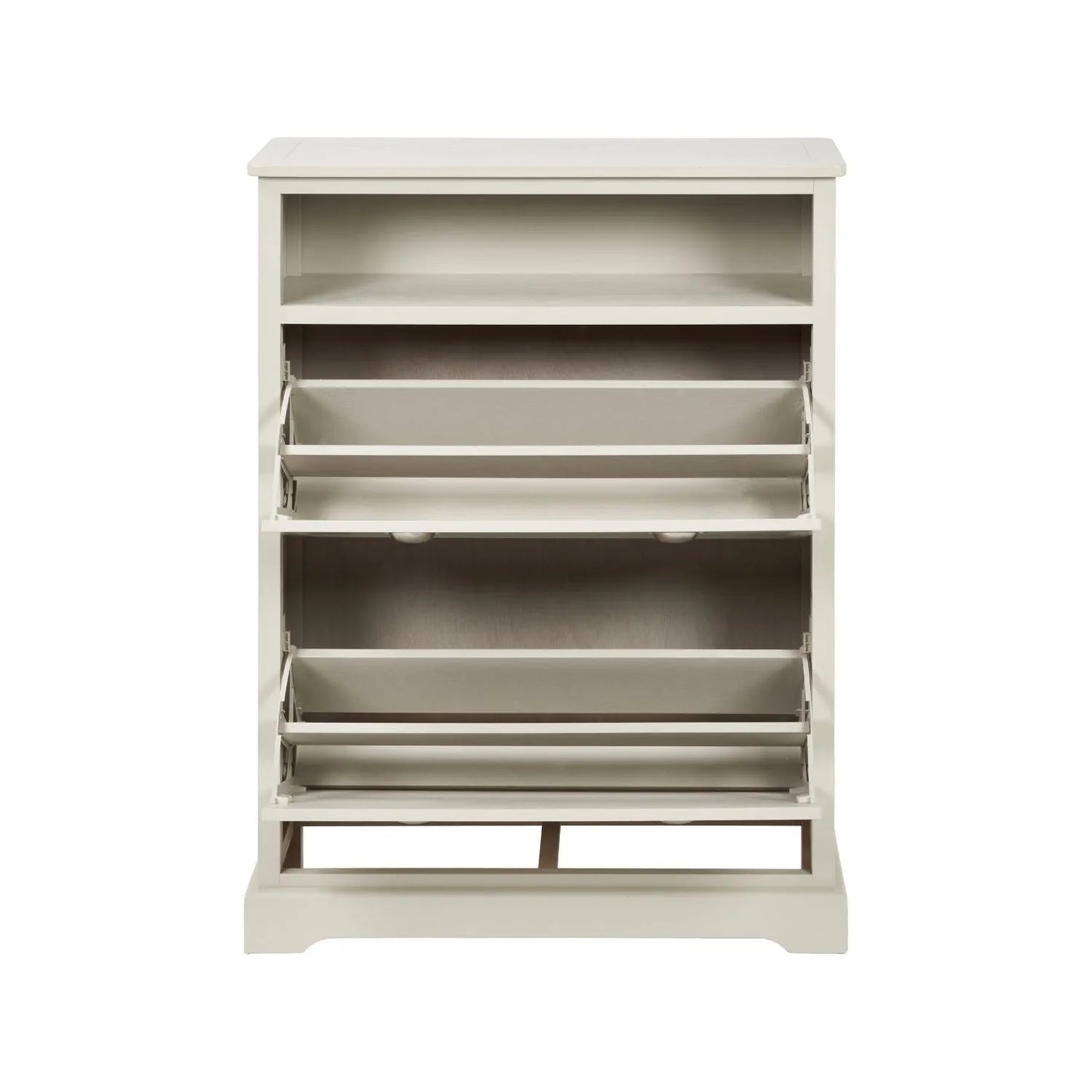 Warm Ivory Pine Wood 2 Drawer Shoe Storage Unit with Silver Cup Handles front view with both shoe racks open 106x80x28cm | Click Style