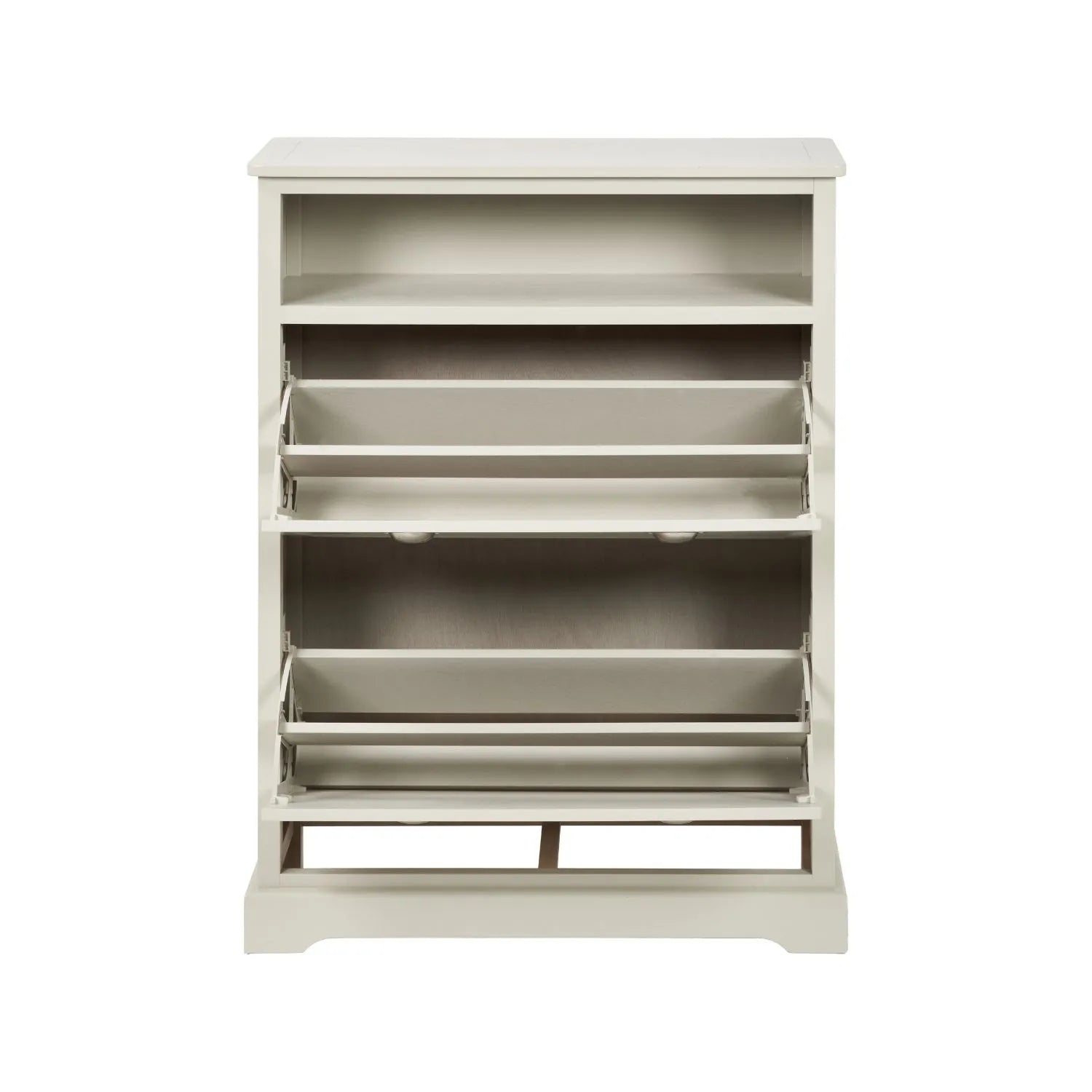 Warm Ivory Pine Wood 2 Drawer Shoe Storage Unit with Silver Cup Handles front view with both shoe racks open 106x80x28cm | Click Style