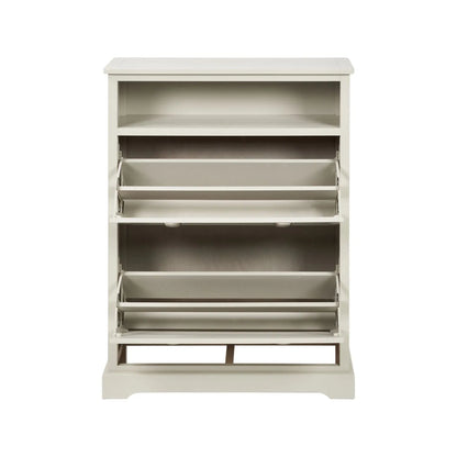 Warm Ivory Pine Wood 2 Drawer Shoe Storage Unit with Silver Cup Handles front view with both shoe racks open 106x80x28cm | Click Style