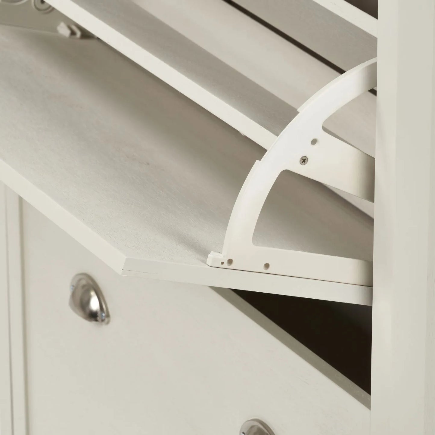 Warm Ivory Pine Wood 2 Drawer Shoe Storage Unit with Silver Cup Handles close-up of right-hand corner with shoe rack open 106x80x28cm | Click Style