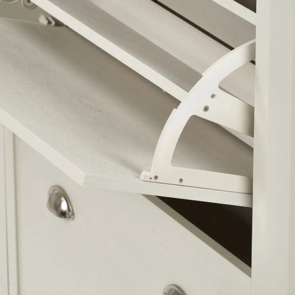 Warm Ivory Pine Wood 2 Drawer Shoe Storage Unit with Silver Cup Handles close-up of right-hand corner with shoe rack open 106x80x28cm | Click Style