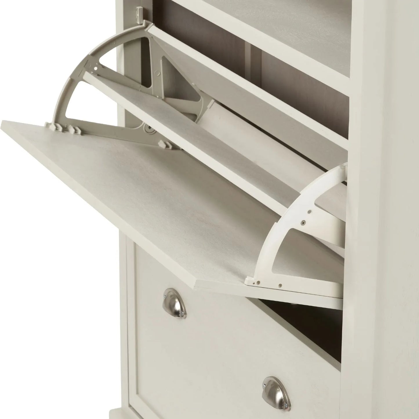 Warm Ivory Pine Wood 2 Drawer Shoe Storage Unit with Silver Cup Handles close-up facing left with top shoe rack open and lower shoe rack handle visible 106x80x28cm | Click Style