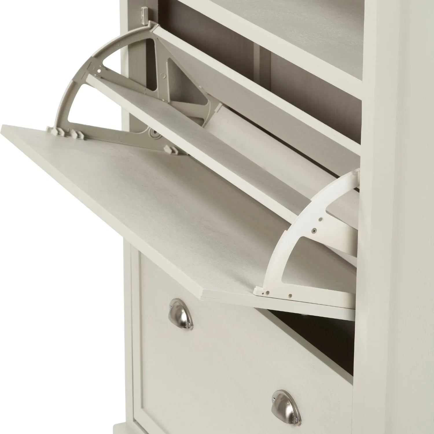 Warm Ivory Pine Wood 2 Drawer Shoe Storage Unit with Silver Cup Handles close-up facing left with top shoe rack open and lower shoe rack handle visible 106x80x28cm | Click Style