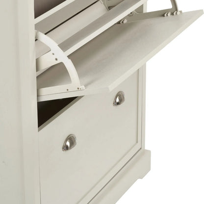 Warm Ivory Pine Wood 2 Drawer Shoe Storage Unit with Silver Cup Handles close-up facing right with top shoe rack open and lower shoe rack closed showing handles 106x80x28cm | Click Style