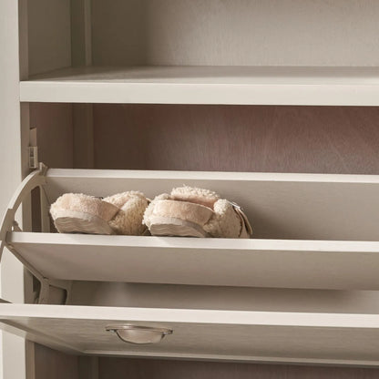 Warm Ivory Pine Wood 2 Drawer Shoe Storage Unit with Silver Cup Handles close-up with top shoe rack open holding a pair of slippers 106x80x28cm | Click Style