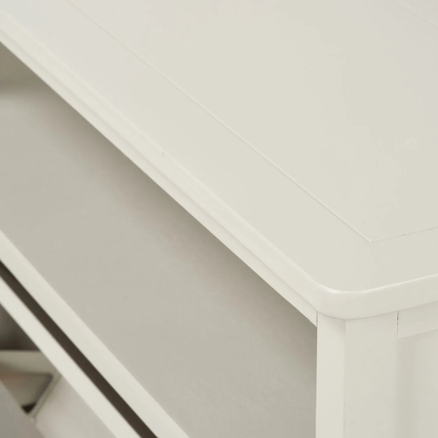 Warm Ivory Pine Wood 2 Drawer Shoe Storage Unit with Silver Cup Handles close-up of top right curved corner and open niche interior 106x80x28cm | Click Style