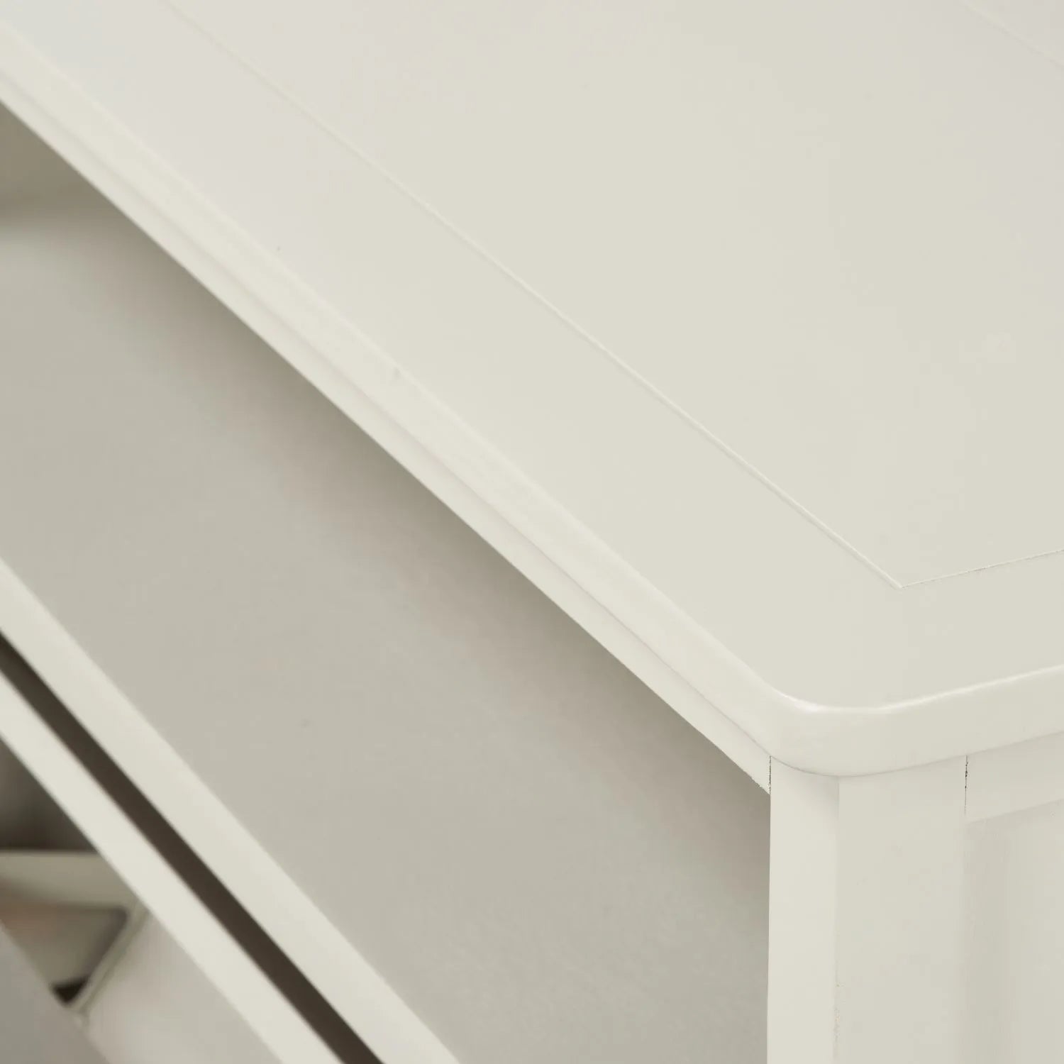 Warm Ivory Pine Wood 2 Drawer Shoe Storage Unit with Silver Cup Handles close-up of top right curved corner and open niche interior 106x80x28cm | Click Style