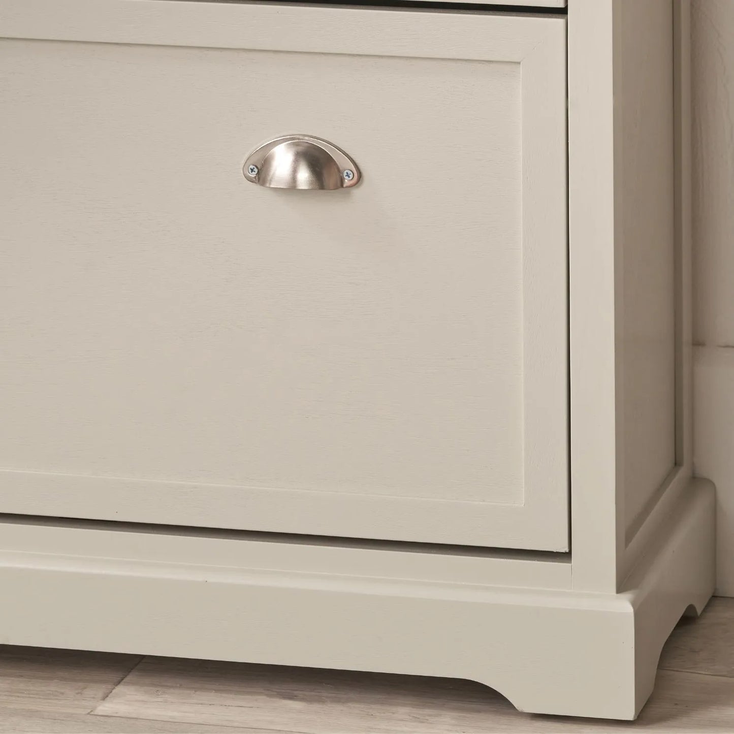 Warm Ivory Pine Wood 2 Drawer Shoe Storage Unit with Silver Cup Handles close-up of bottom right plinth, lower drawer and handle 106x80x28cm | Click Style