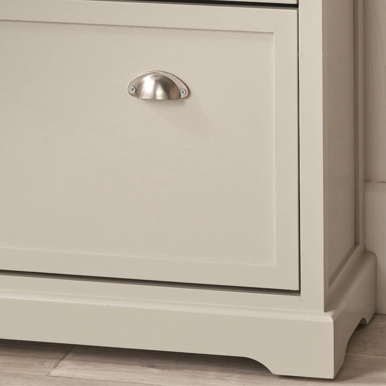 Warm Ivory Pine Wood 2 Drawer Shoe Storage Unit with Silver Cup Handles close-up of bottom right plinth, lower drawer and handle 106x80x28cm | Click Style