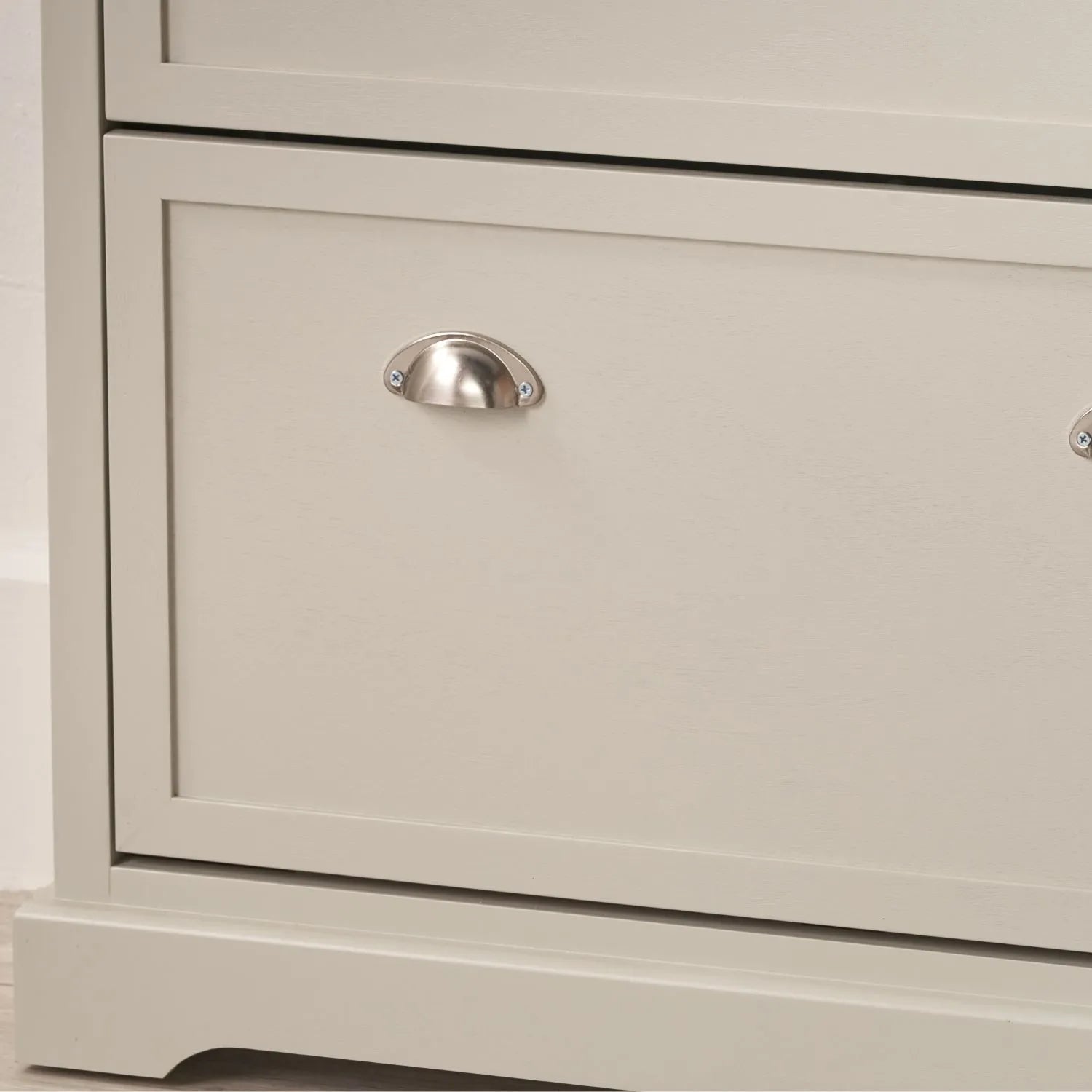 Warm Ivory Pine Wood 2 Drawer Shoe Storage Unit with Silver Cup Handles close-up of bottom left plinth, lower drawer and handle 106x80x28cm | Click Style