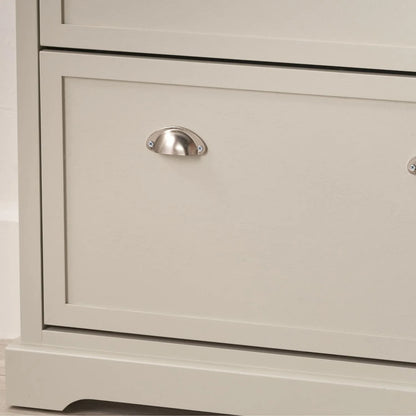 Warm Ivory Pine Wood 2 Drawer Shoe Storage Unit with Silver Cup Handles close-up of bottom left plinth, lower drawer and handle 106x80x28cm | Click Style