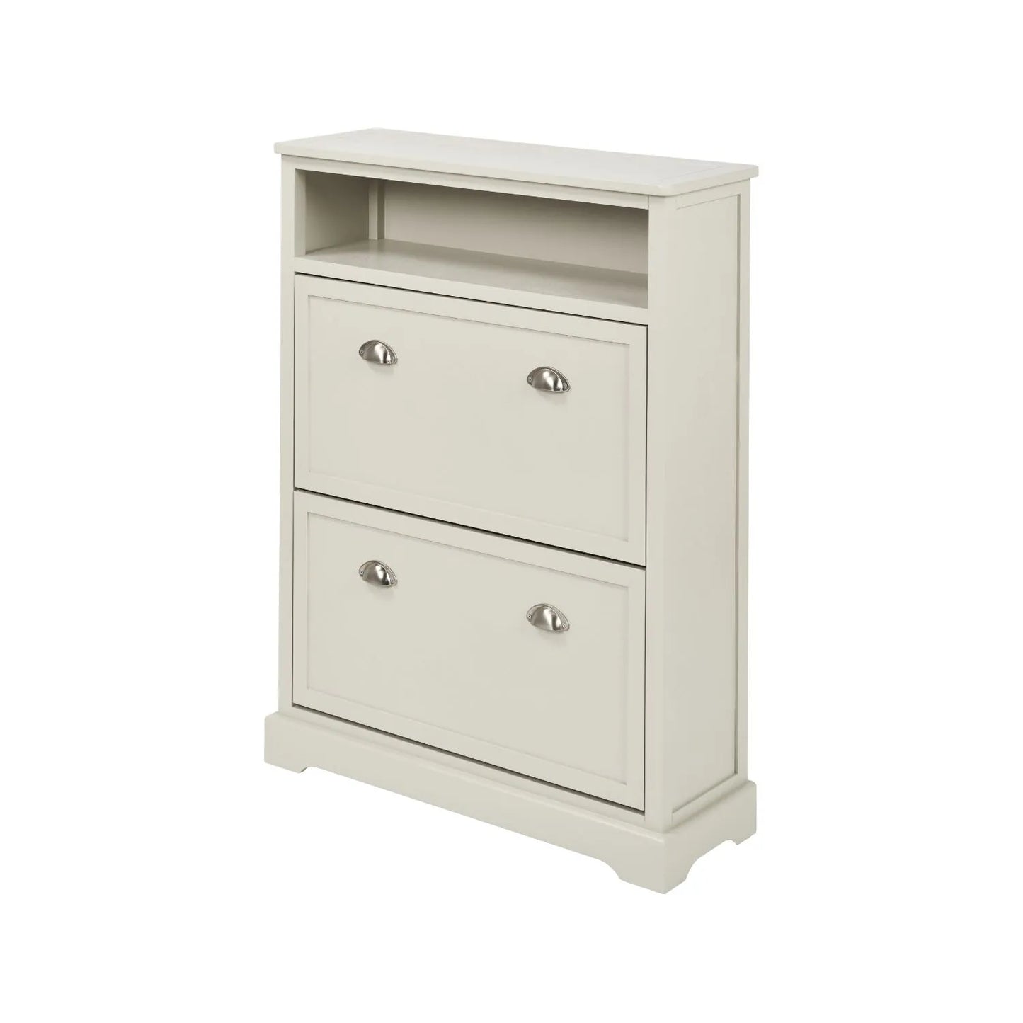 Warm Ivory Pine Wood 2 Drawer Shoe Storage Unit with Silver Cup Handles angled front and side view to the left 106x80x28cm | Click Style