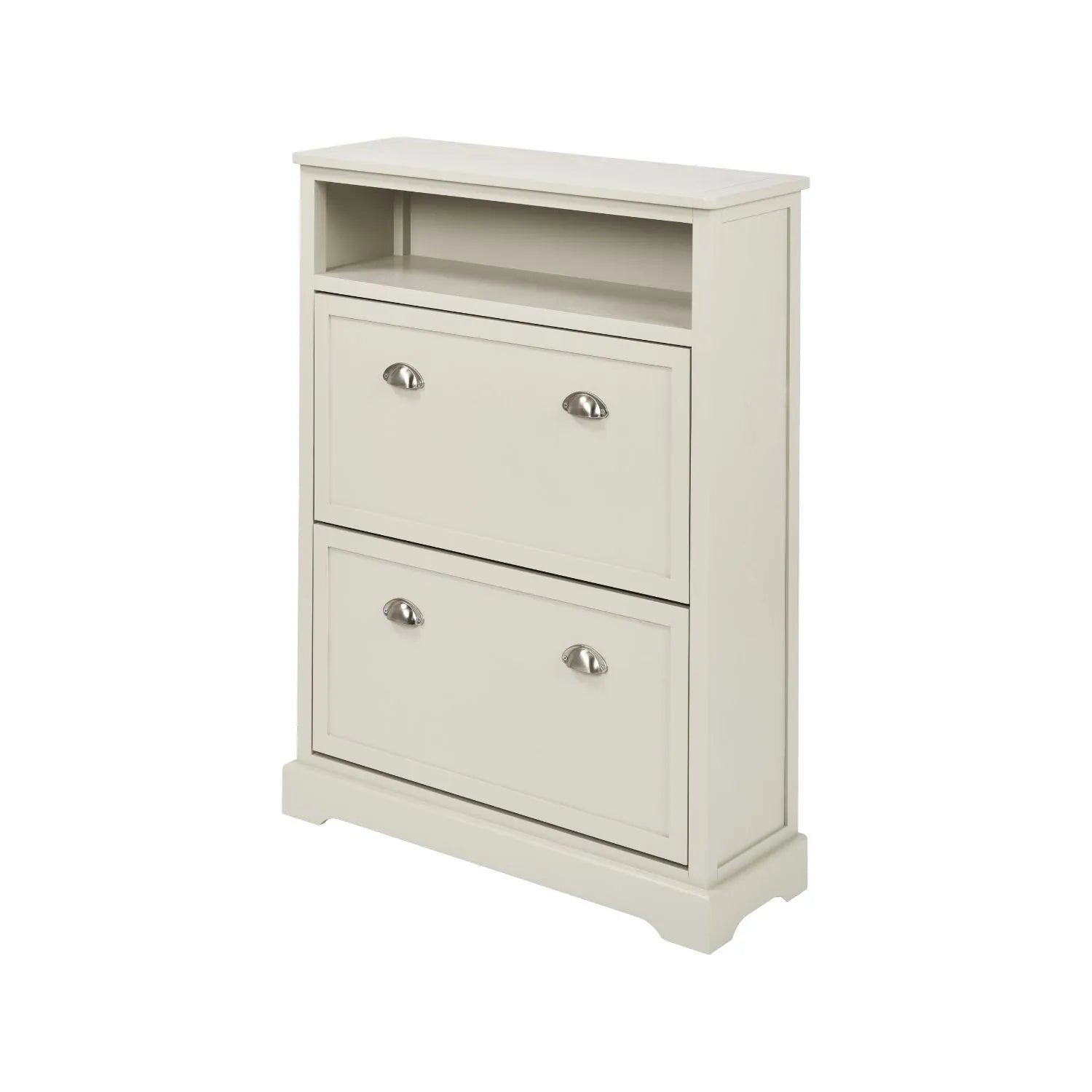 Warm Ivory Pine Wood 2 Drawer Shoe Storage Unit with Silver Cup Handles angled front and side view to the left 106x80x28cm | Click Style