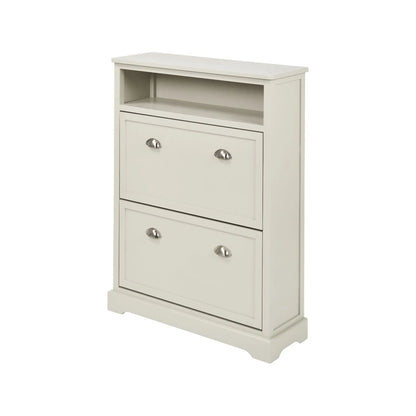Warm Ivory Pine Wood 2 Drawer Shoe Storage Unit with Silver Cup Handles angled front and side view to the left 106x80x28cm | Click Style