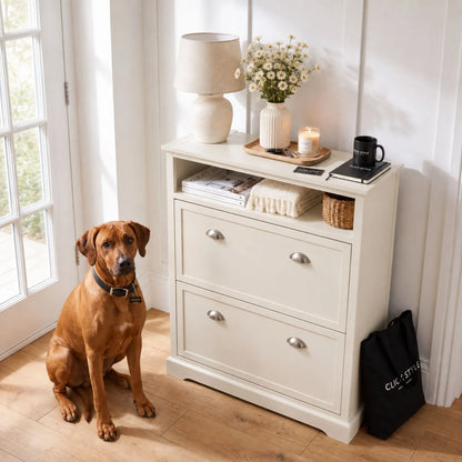 Warm Ivory Pine Wood 2 Drawer Shoe Storage Unit with Silver Cup Handles styled in a neutral hallway with a Rhodesian Ridgeback sitting beside it 106x80x28cm | Click Style