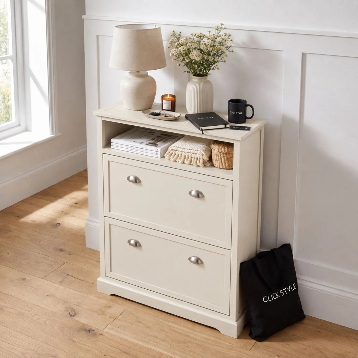 Warm Ivory Pine Wood 2 Drawer Shoe Storage Unit with Silver Cup Handles viewed from an elevated angle with Click Style tote bag 106x80x28cm | Click Style