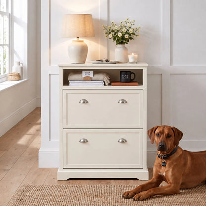 Warm Ivory Pine Wood 2 Drawer Shoe Storage Unit with Silver Cup Handles styled in a neutral hallway with a Rhodesian Ridgeback lying beside it 106x80x28cm | Click Style