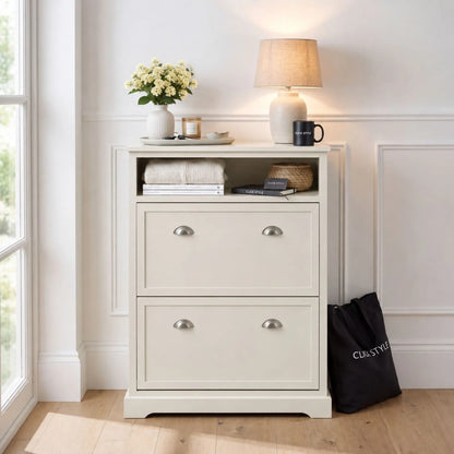 Warm Ivory Pine Wood 2 Drawer Shoe Storage Unit with Silver Cup Handles front view with Click Style tote bag 106x80x28cm | Click Style