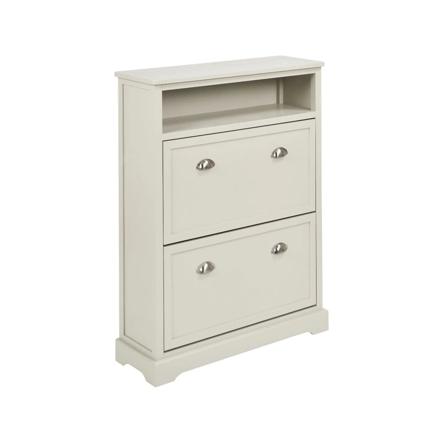 Warm Ivory Pine Wood 2 Drawer Shoe Storage Unit with Silver Cup Handles angled front and side view to the right 106x80x28cm | Click Style