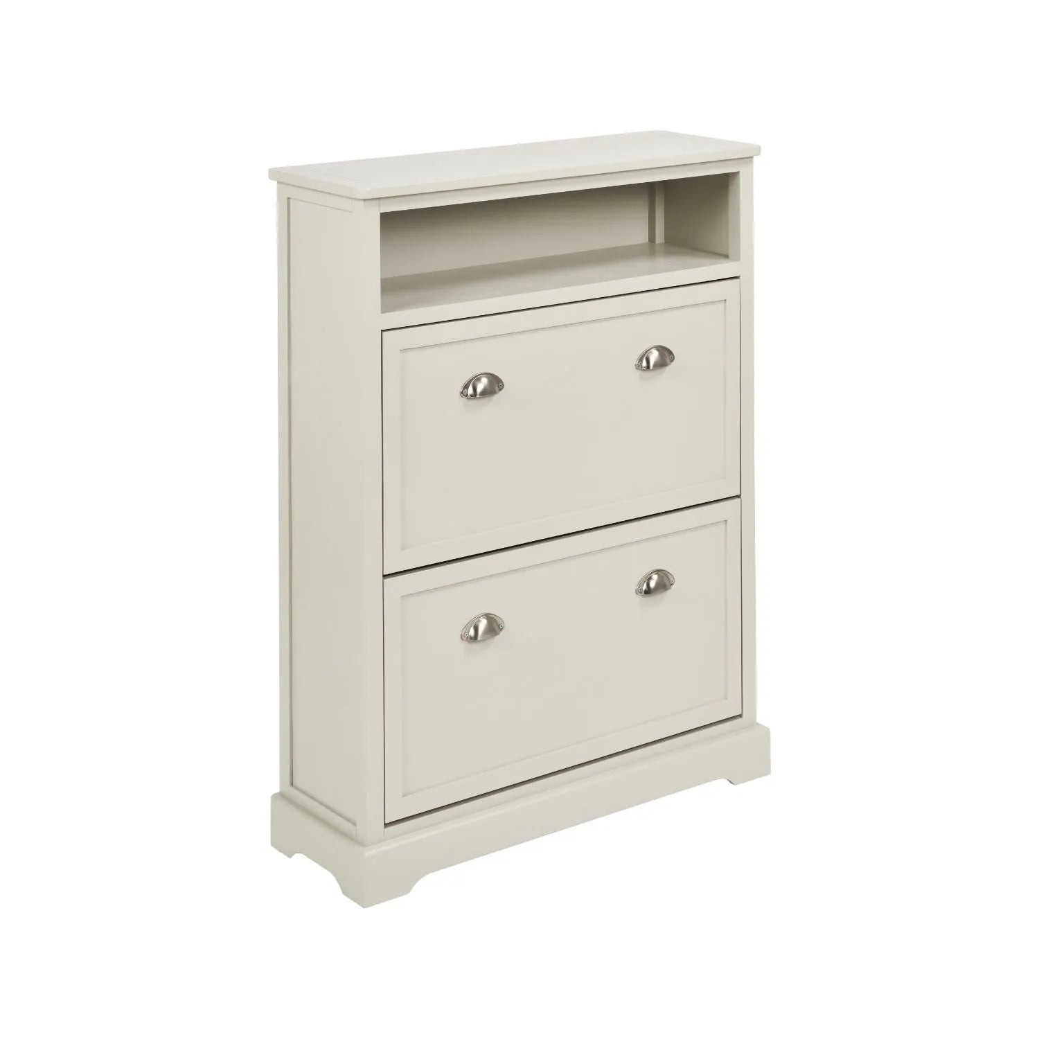 Warm Ivory Pine Wood 2 Drawer Shoe Storage Unit with Silver Cup Handles angled front and side view to the right 106x80x28cm | Click Style