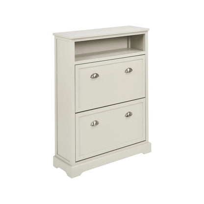 Warm Ivory Pine Wood 2 Drawer Shoe Storage Unit with Silver Cup Handles angled front and side view to the right 106x80x28cm | Click Style