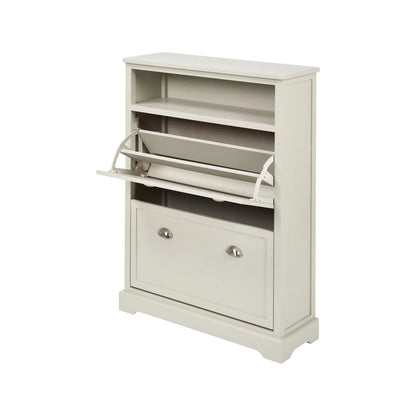 Warm Ivory Pine Wood 2 Drawer Shoe Storage Unit with Silver Cup Handles angled front and side view to the left with bottom shoe rack open 106x80x28cm | Click Style