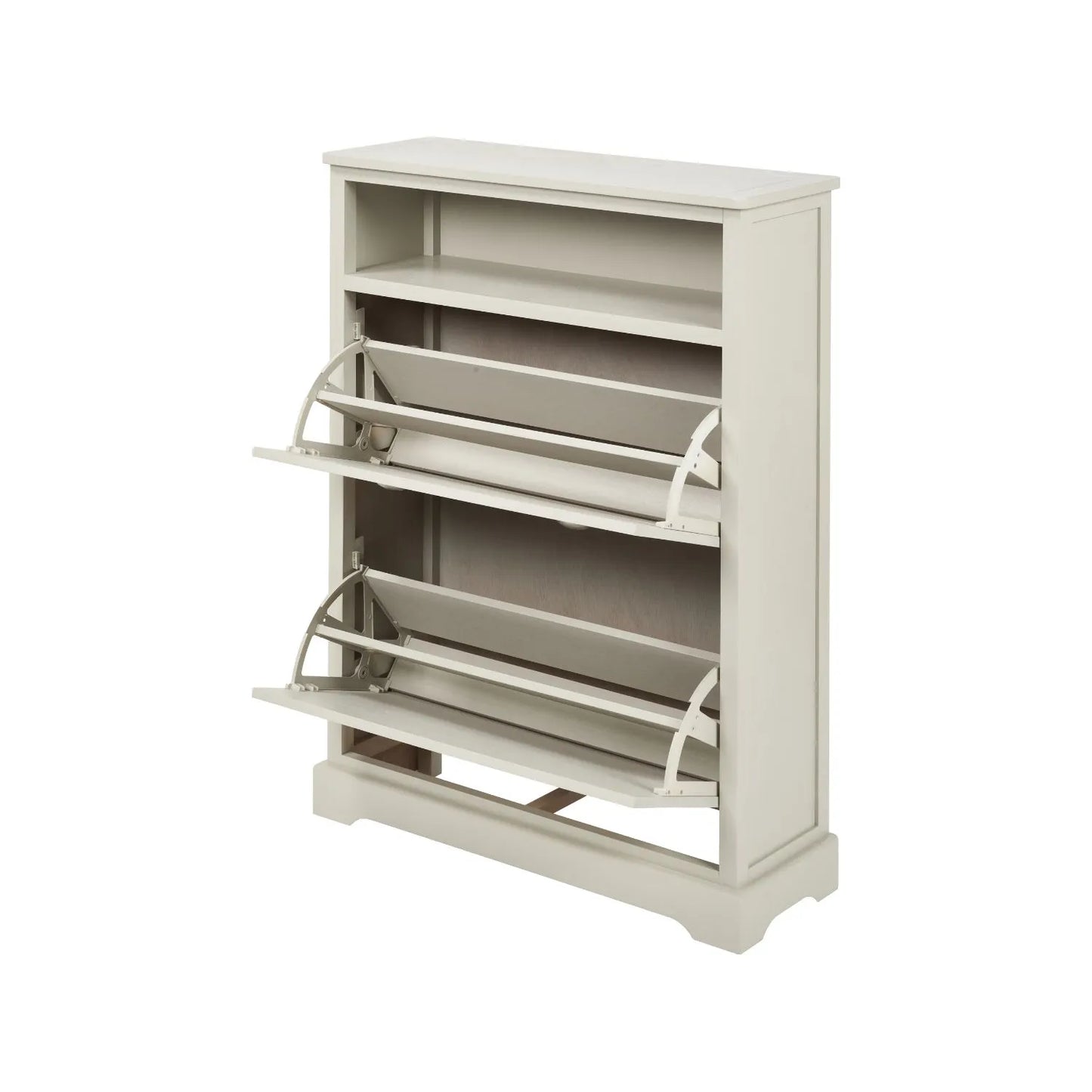 Warm Ivory Pine Wood 2 Drawer Shoe Storage Unit with Silver Cup Handles angled front and side view to the left with both shoe racks open 106x80x28cm | Click Style