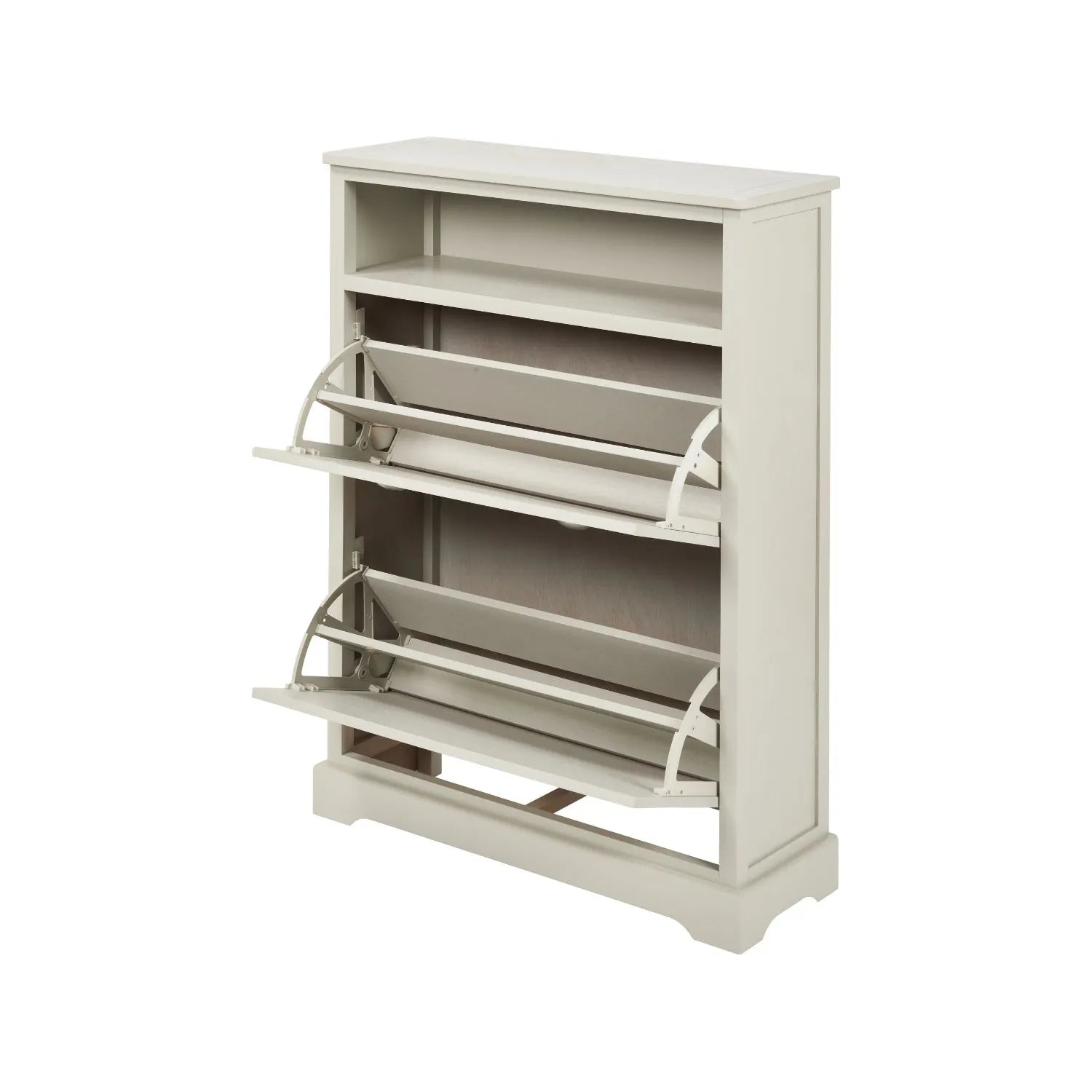 Warm Ivory Pine Wood 2 Drawer Shoe Storage Unit with Silver Cup Handles angled front and side view to the left with both shoe racks open 106x80x28cm | Click Style