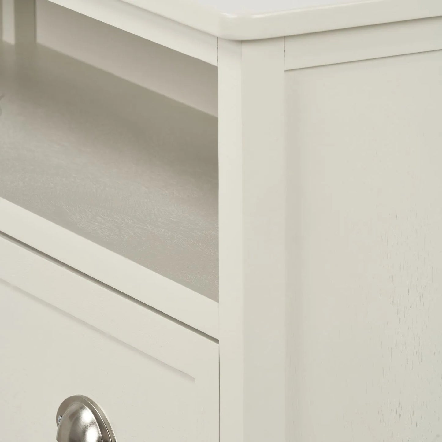 Warm Ivory Pine Wood 2 Drawer Shoe Storage Unit with Silver Cup Handles close-up angled view of top right curved corner, open niche and handle 106x80x28cm | Click Style