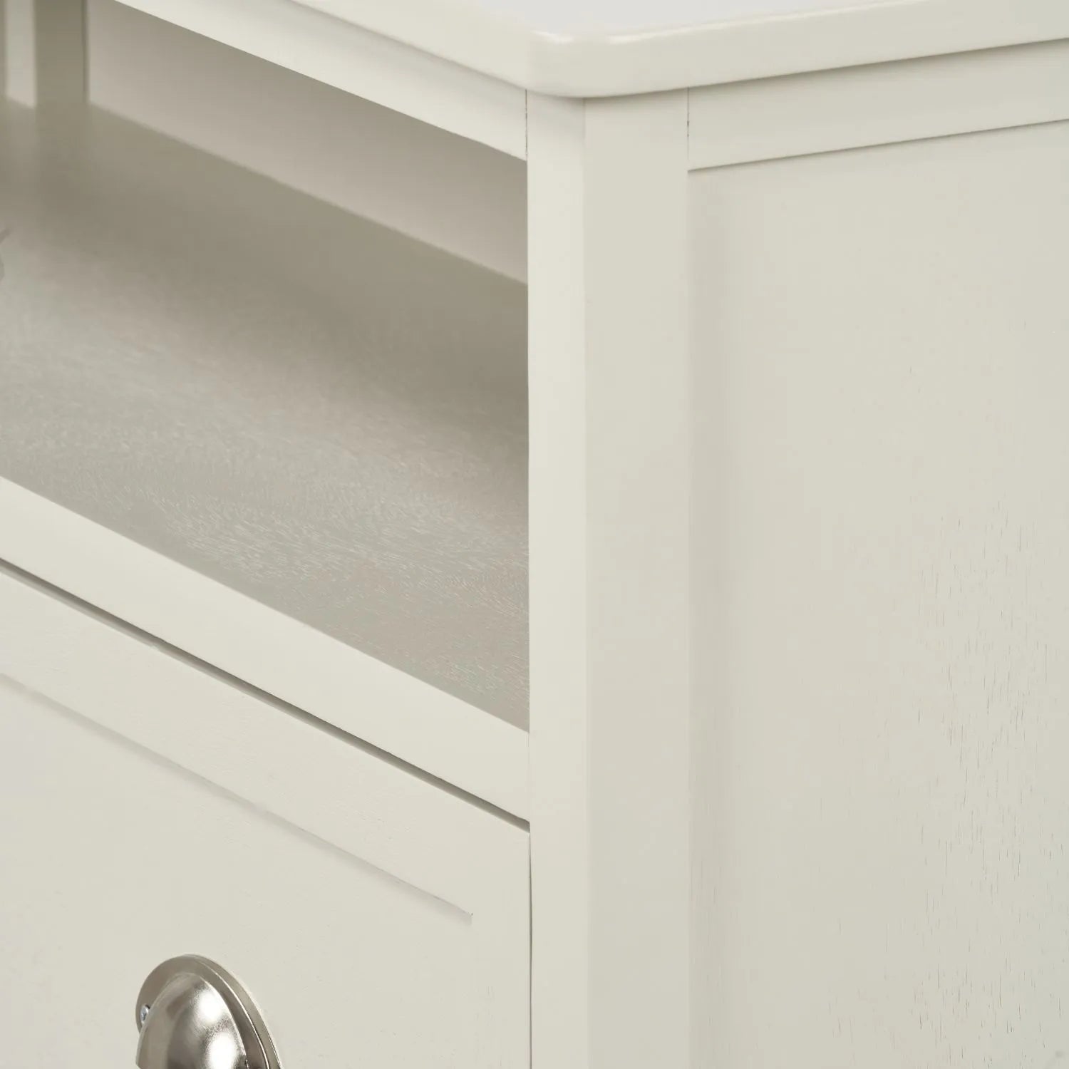 Warm Ivory Pine Wood 2 Drawer Shoe Storage Unit with Silver Cup Handles close-up angled view of top right curved corner, open niche and handle 106x80x28cm | Click Style