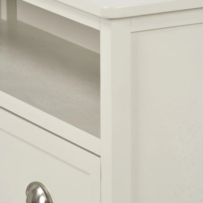 Warm Ivory Pine Wood 2 Drawer Shoe Storage Unit with Silver Cup Handles close-up angled view of top right curved corner, open niche and handle 106x80x28cm | Click Style