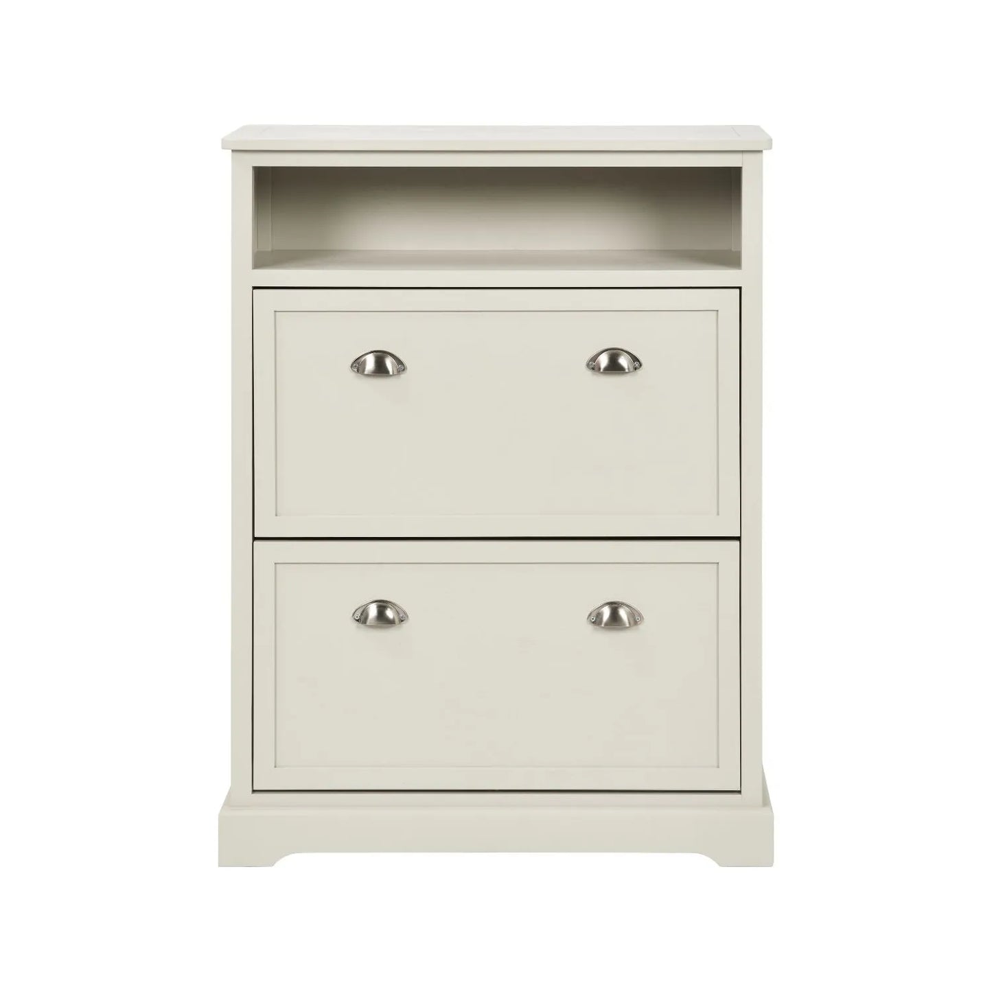 Warm Ivory Pine Wood 2 Drawer Shoe Storage Unit with Silver Cup Handles front view 106x80x28cm | Click Style