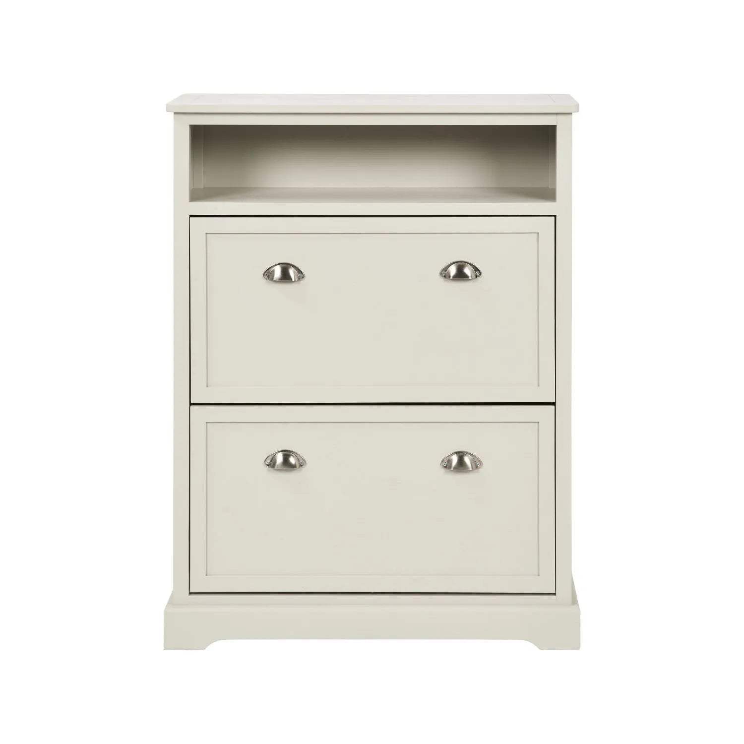 Warm Ivory Pine Wood 2 Drawer Shoe Storage Unit with Silver Cup Handles front view 106x80x28cm | Click Style