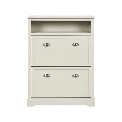 Warm Ivory Pine Wood 2 Drawer Shoe Storage Unit with Silver Cup Handles front view 106x80x28cm | Click Style