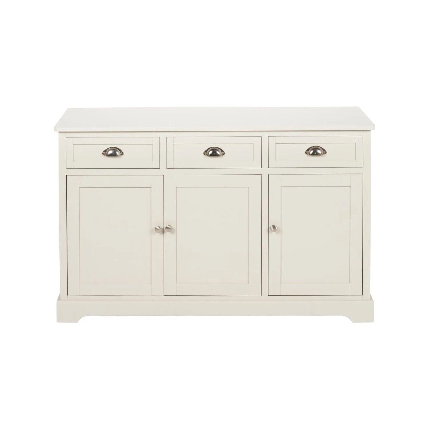 Warm Ivory Pine Wood 3 Door 3 Drawer Sideboard with Silver Cup Handles front view 75x120x35cm | Click Style
