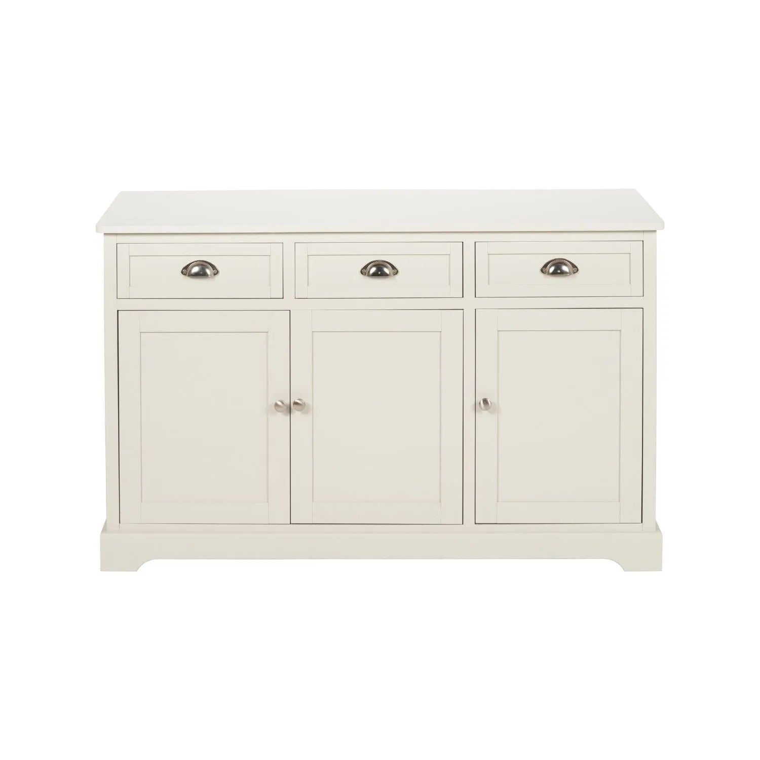 Warm Ivory Pine Wood 3 Door 3 Drawer Sideboard with Silver Cup Handles front view 75x120x35cm | Click Style