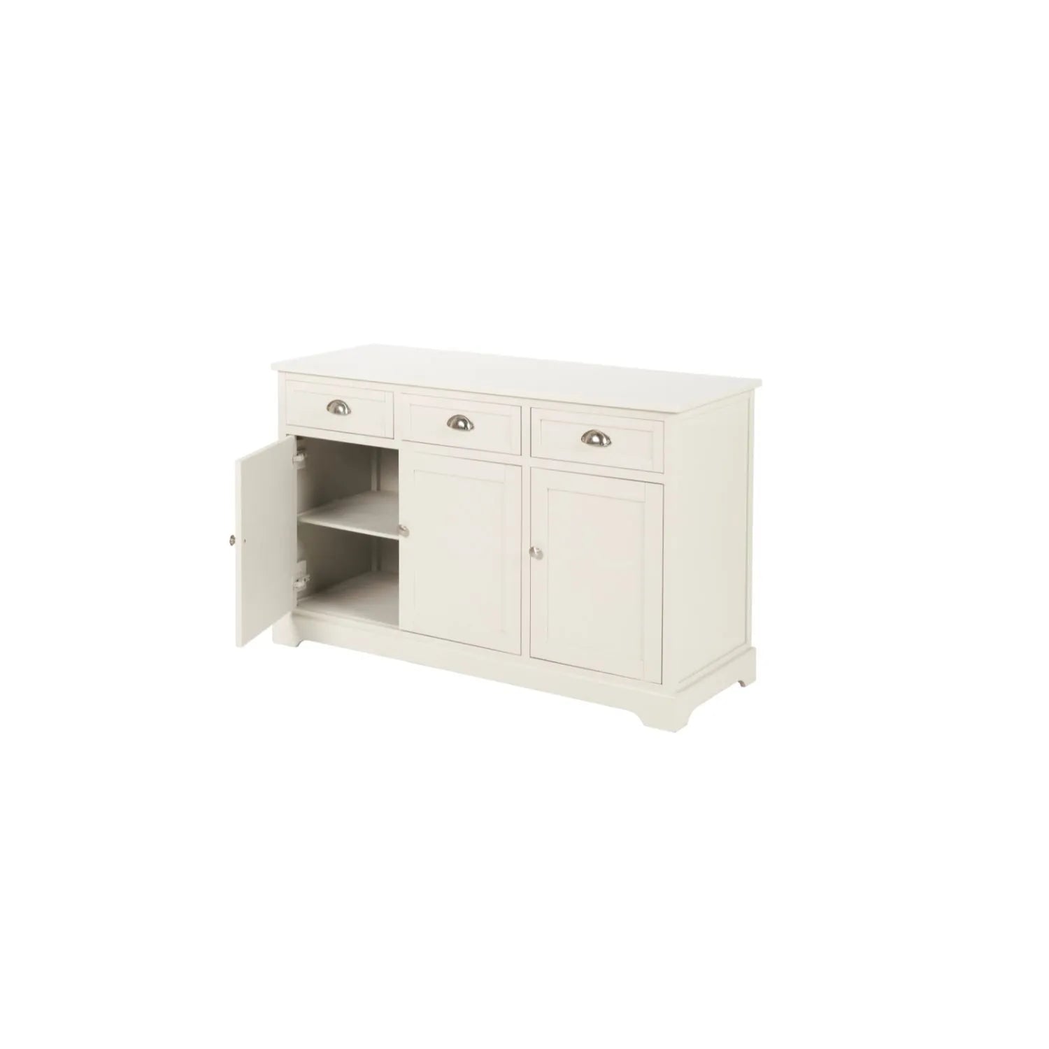 Warm Ivory Pine Wood 3 Door 3 Drawer Sideboard with Silver Cup Handles angled left with open cupboard and internal shelf 75x120x35cm | Click Style